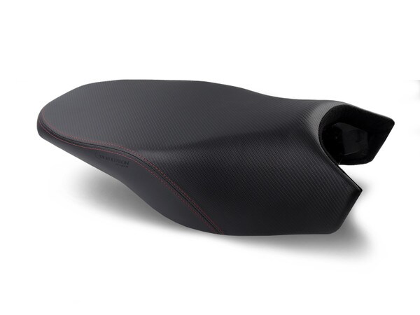 REVolution Seat by Sargent on the BMW R 1200/1250 GS/GSA Rallye Seat with CFX and Red double-stitch.